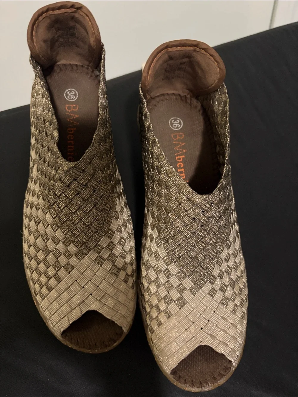 bernie mev. Metallic Bronze Woven Platform Sandals